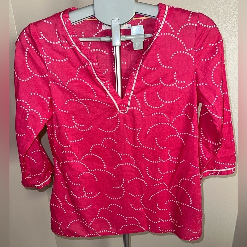 Boden Berry Red Geometric V-neck 3/4 Sleeve Blouse